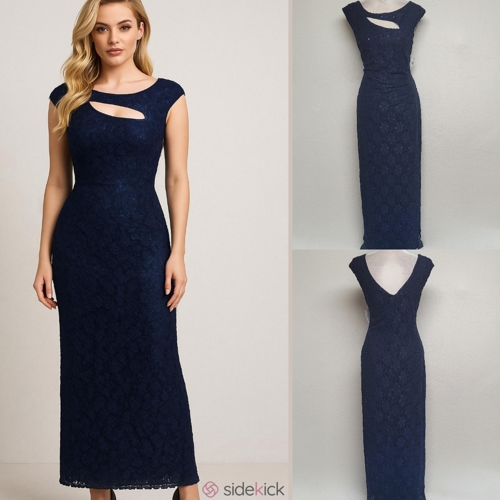 Connected Apparel Navy Blue Lace Sequin Cut-out Peek-a-boo Maxi Column Dress 12